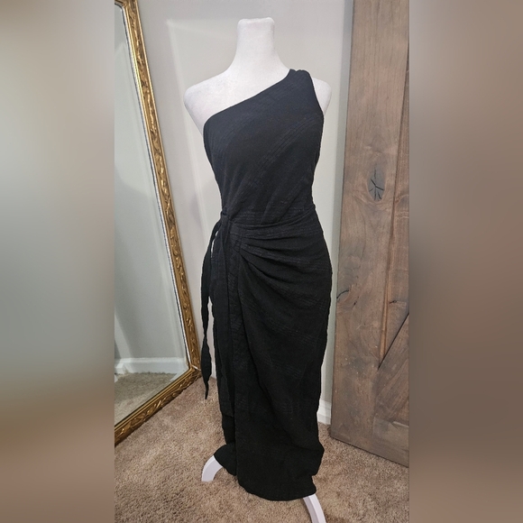 FREE PEOPLE At Leisure Midi One Shoulder Cotton/linen Dress In Black. XS - Picture 9 of 16